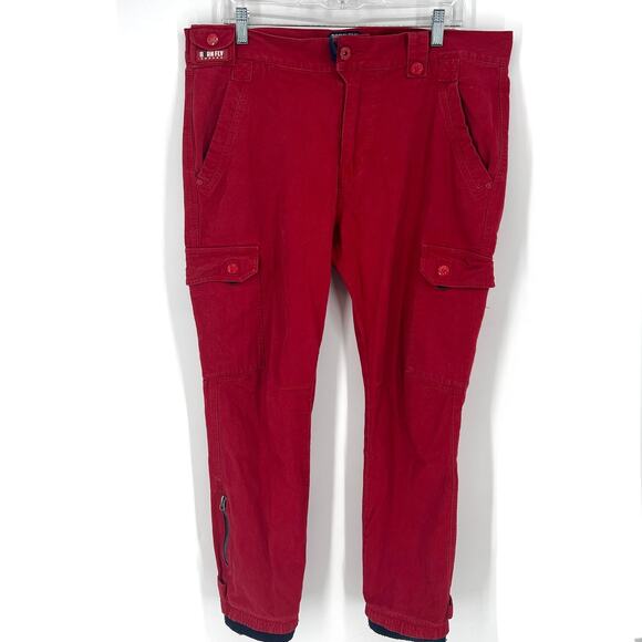 Born Fly Red Denim Mens Jeans Cargo Pocket Snap Belt Loop Size 36 Joggers - Picture 1 of 10